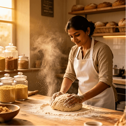 Brown Bunny baker shaping dough in the kitchen